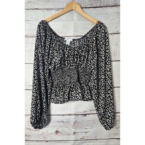 Sincerely Jules Womens Top Size Large Black Leopard Print Smocked Off Shoulder
